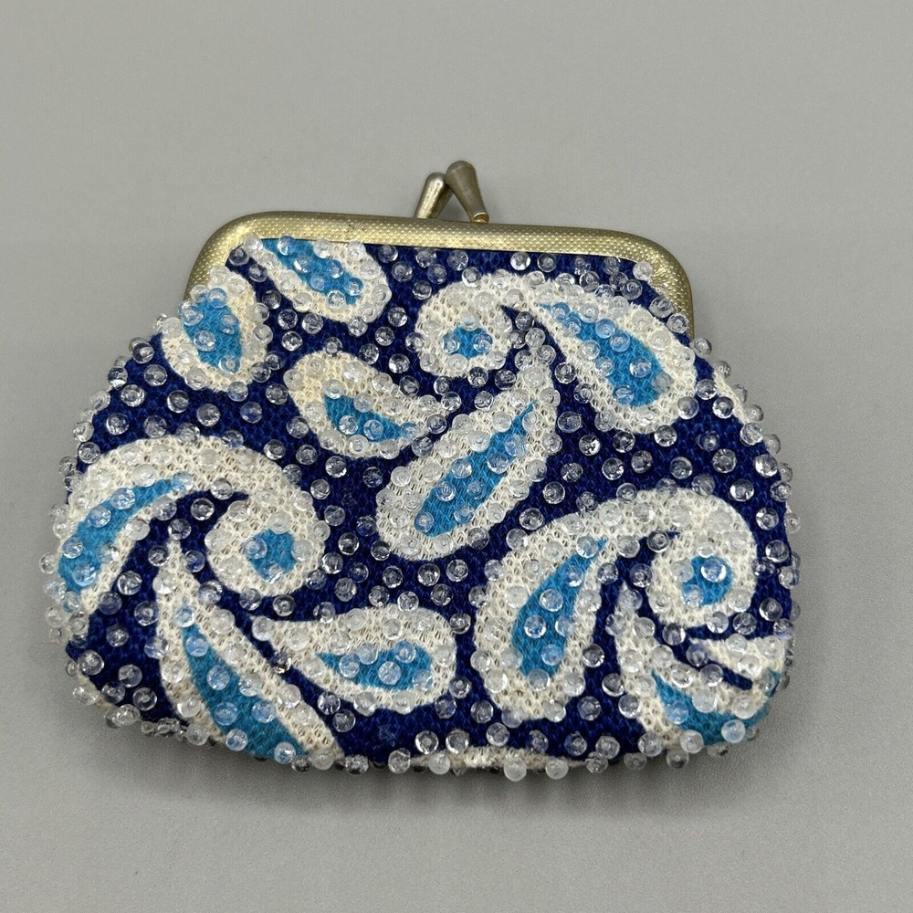 Vintage Blue Paisley Beaded Coin Purse‎ Kisslock made in Hong Kong